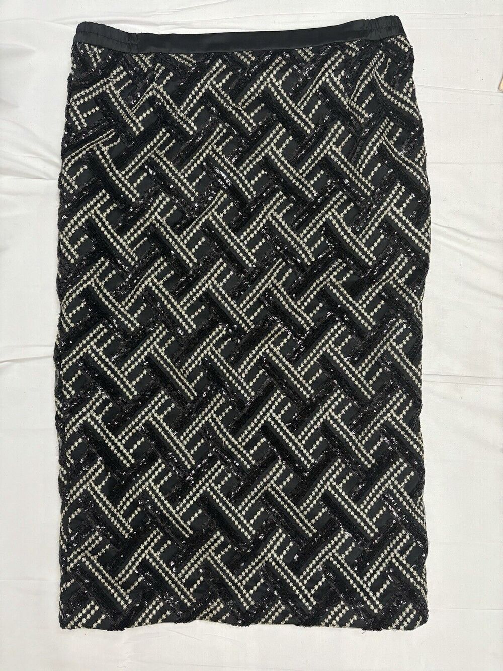 Vintage Retro Basket Weave Black Sequin Embroidered Pencil Skirt Size 20